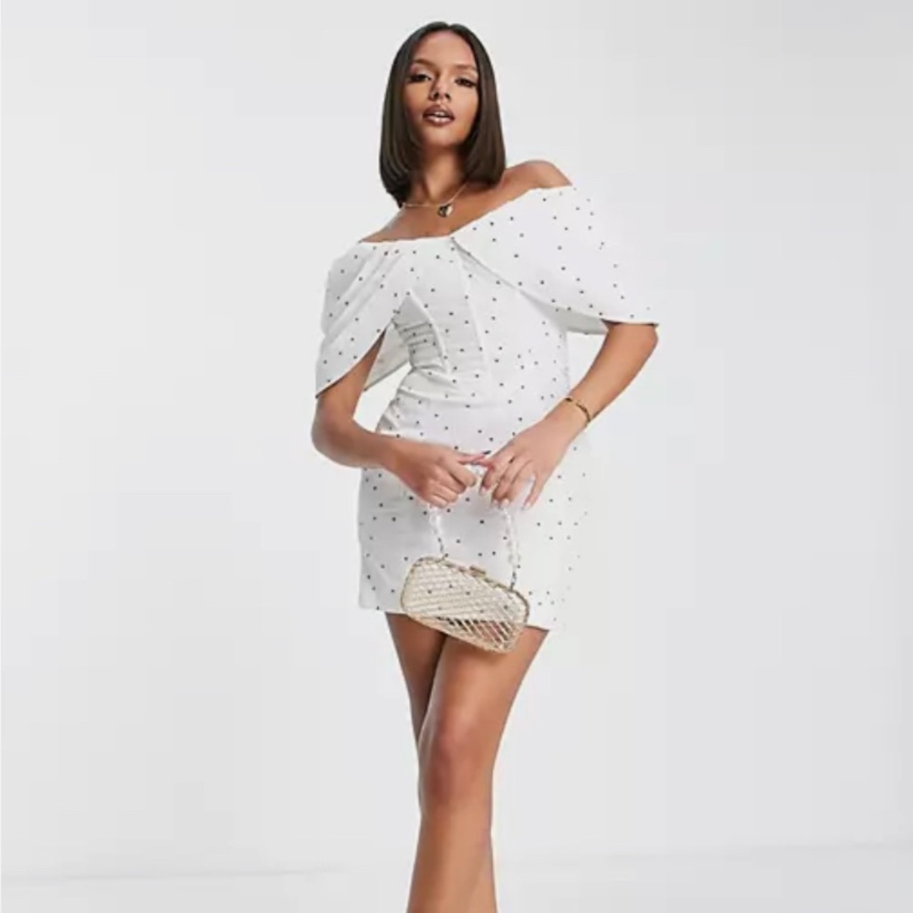BNWT: ASOS Luxe Jacquard Ruffle bardot mini dress -White Size 0 US